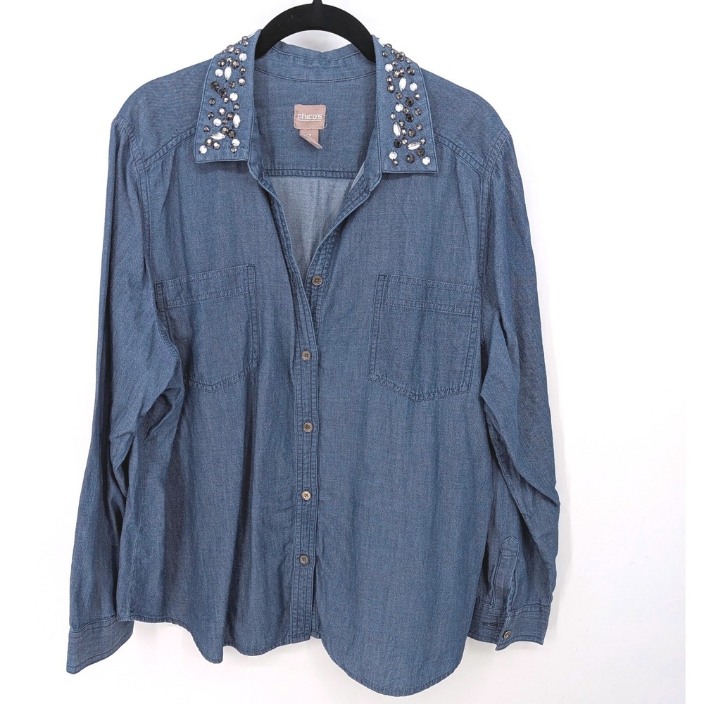 Chicos Button Down Shirt Women XL Blue Chambray Beaded Long Sleeve Cotton Top